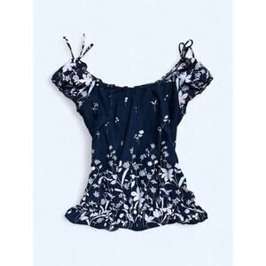 Vintage Y2K Black Fairygrunge Peasant Blouse Ruffled Cap Sleeves